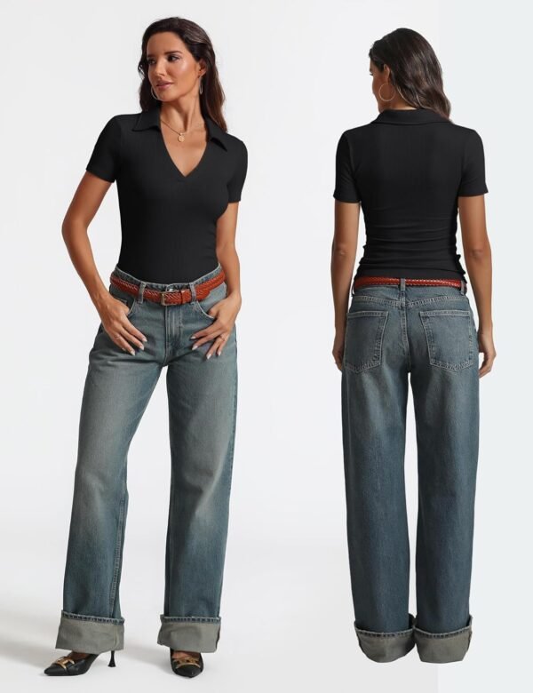Womens Quick Sleeve Enterprise Informal Tops Summer time V Neck ... - Image 4
