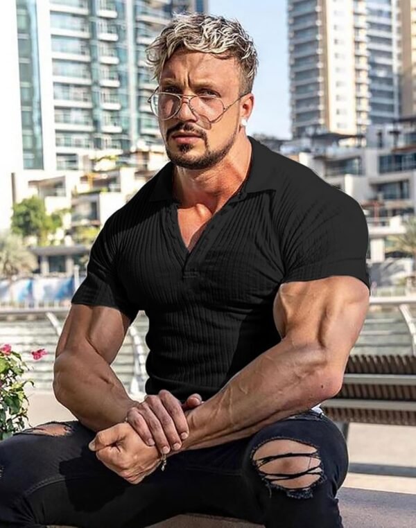 Collared Muscle Shirts for Males Ribbed Knit Slim Match Pol... - Image 8