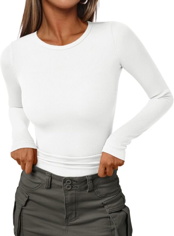 AUTOMET Womens Ribbed Shirts Crewneck Fitted Tops Casua... - Image 2