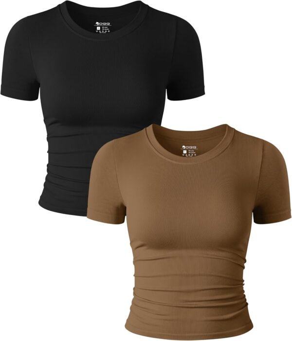 OQQ Womens 2 Piece Shirts Brief Sleeve Crew Neck Ruched... - Image 2
