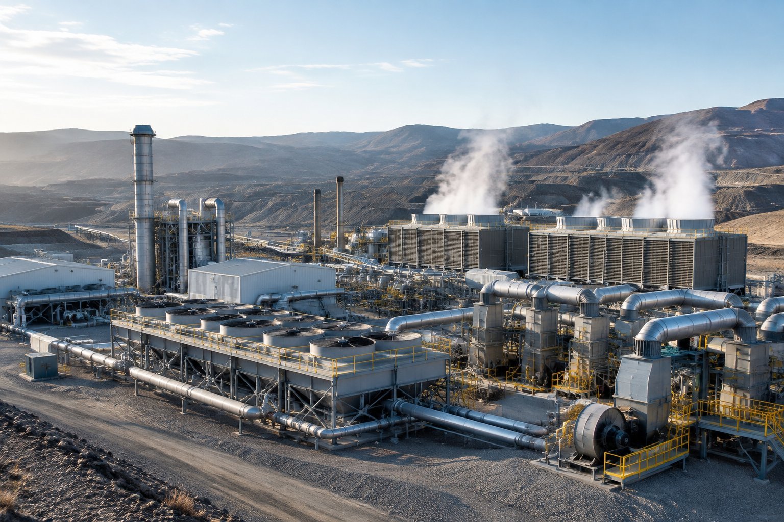 Cooling equipment and industrial structures at a large mining facility.