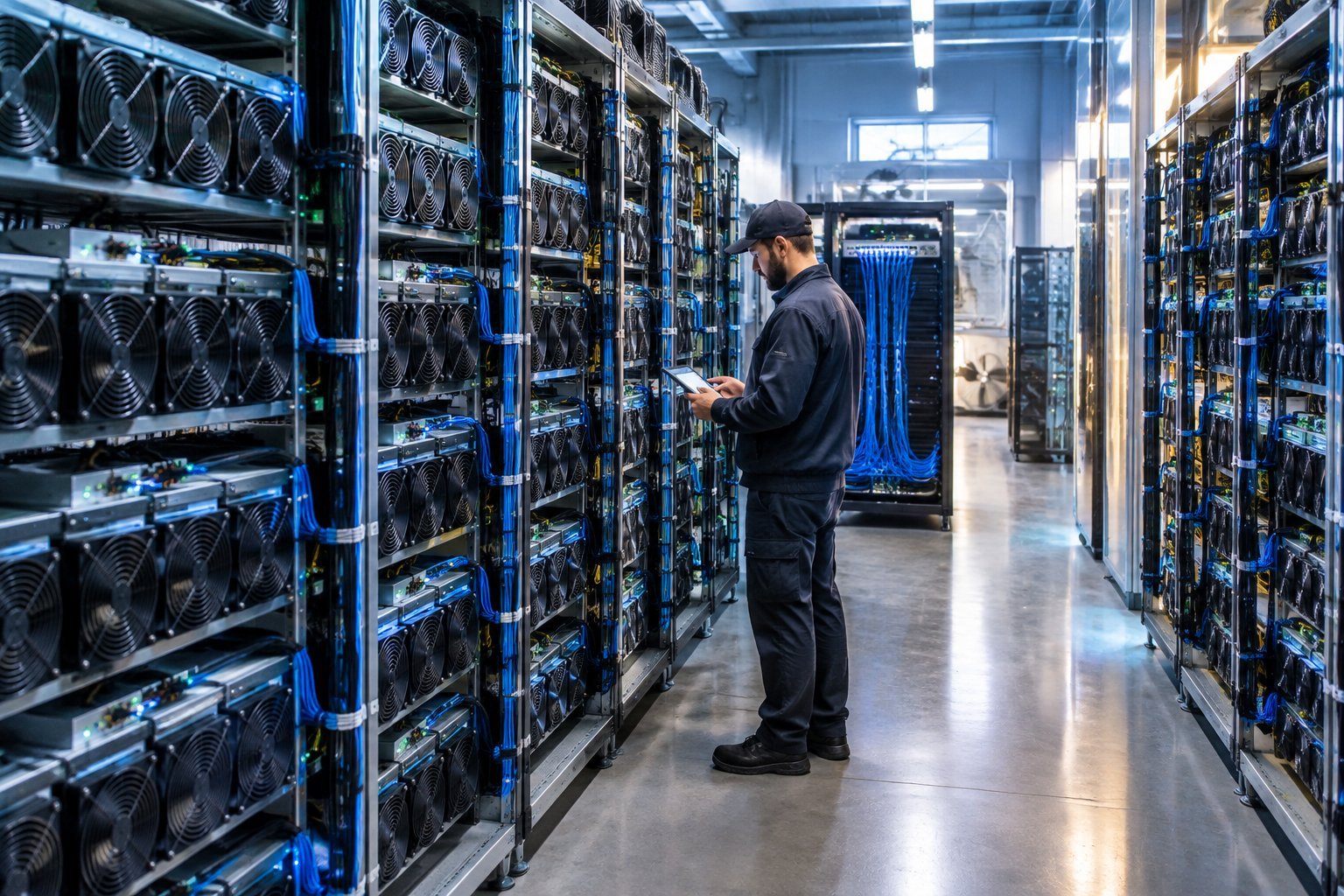 A technician checks rows of cryptocurrency mining machines in a data center.