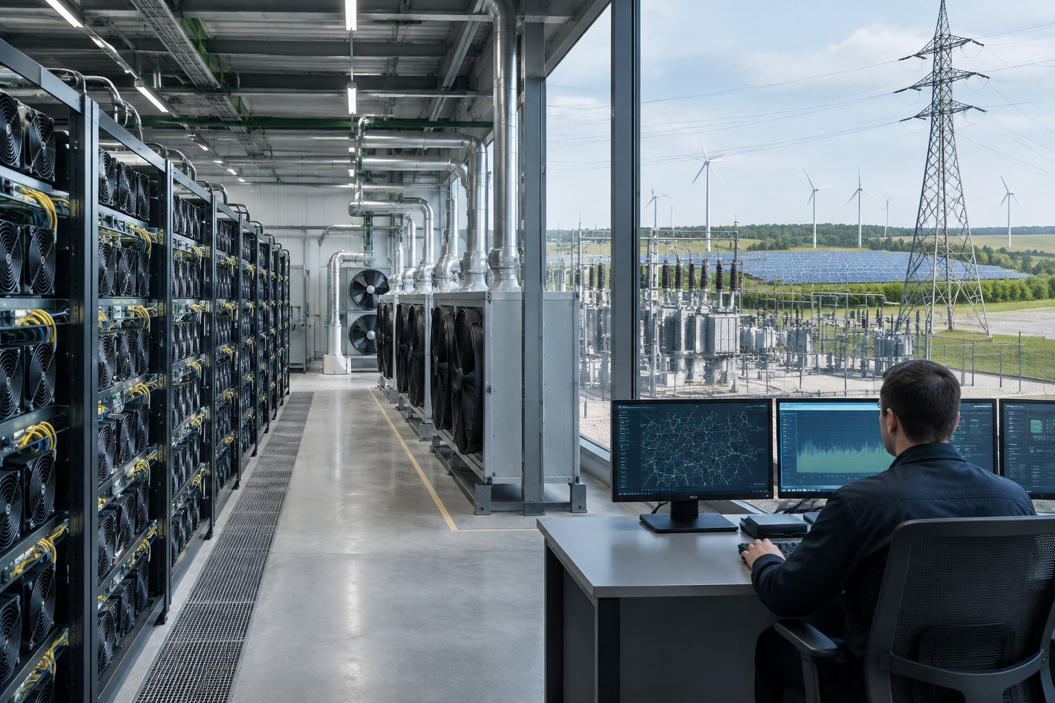A grid operator monitors power equipment beside rows of Bitcoin mining servers.
